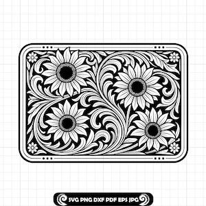 Sunflower Floral SVG PNG DXF, Tooled Leather Western Scroll Pattern, Rustic Boho Frame Design, Laser Engraving Tumbler Wrap File #242