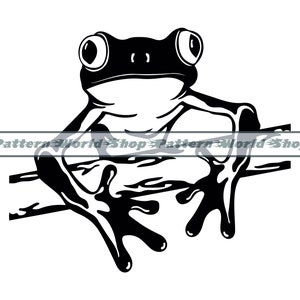 May include: Black and white silhouette of a frog sitting on a branch. The frog has large eyes and a wide mouth.