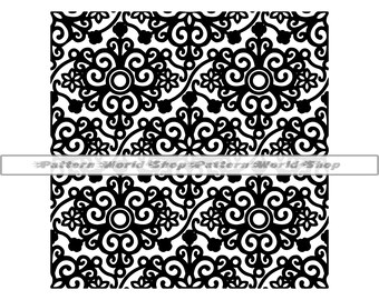 May include: Black and white seamless pattern featuring intricate floral designs. The pattern includes a repeating motif of swirling vines, leaves, and flowers.