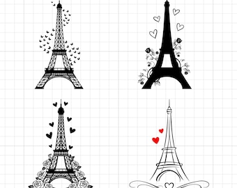 Torre Eiffel floral SVG PNG DXF, arte lineal de la Torre Eiffel, archivo de corte Love Paris con enredadera de rosas para Cricut y láser