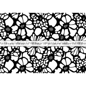 May include: Black and white floral pattern with a repeating design of stylized flowers and leaves. The pattern is intricate and detailed, creating a delicate and elegant look.