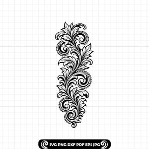Puede incluir: Diseño floral en blanco y negro con detalles intrincados. El diseño presenta hojas, espirales y detalles de cuentas, adecuado para varios proyectos de manualidades. La parte inferior de la imagen incluye el texto "SVG PNG DXF PDF EPS JPG".
