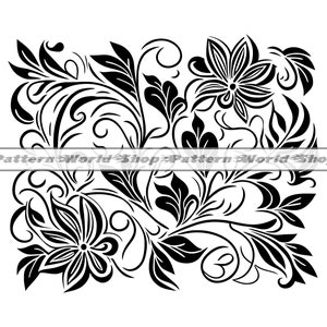 May include: Black and white floral design with intricate swirls and leaves. The design features a repeating pattern of stylised flowers with five petals.