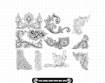 Ornamental Flourish Scrollwork SVG PNG DXF Bundle, Tooled Leather Floral Corner Designs, Vintage Decorative Engraving Patterns