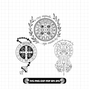 May include: Black and white religious SVG designs featuring the Saint Benedict medal. The designs include a rosary, a circular emblem with text, and an image of the Virgin Mary. The text includes phrases in Portuguese.