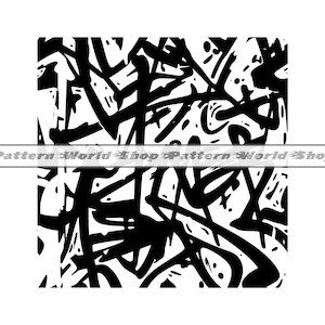 Pode incluir: Padrão abstrato preto e branco com um design caótico semelhante ao grafite. O padrão é composto por linhas e formas grossas e irregulares.