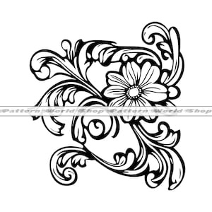 May include: Black and white floral design with intricate swirls and a large flower in the center.