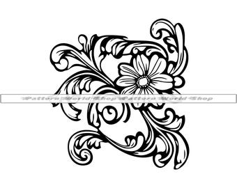 Patrón de tallado n.° 5 SVG, patrón de cuero repujado SVG, patrón de tallado de madera, patrón floral occidental, cuero repujado, espirales, swoosh, pergamino