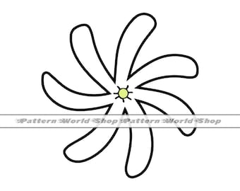May include: A black and white line drawing of a stylized flower with six petals and a yellow center.
