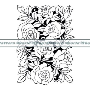 May include: Black and white line art illustration of a bouquet of roses with leaves and stems. The roses are arranged in a cluster and have a detailed design.