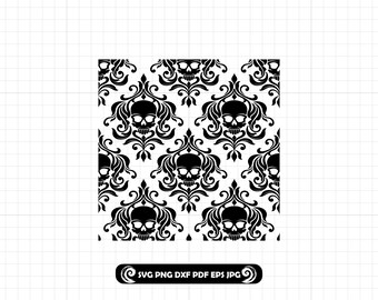 Gothic Skull Damask Pattern SVG PNG DXF, Seamless Halloween Skull Design #2