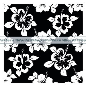 May include: Black and white seamless pattern featuring hibiscus flowers. The flowers are stylized and have a bold, graphic look.