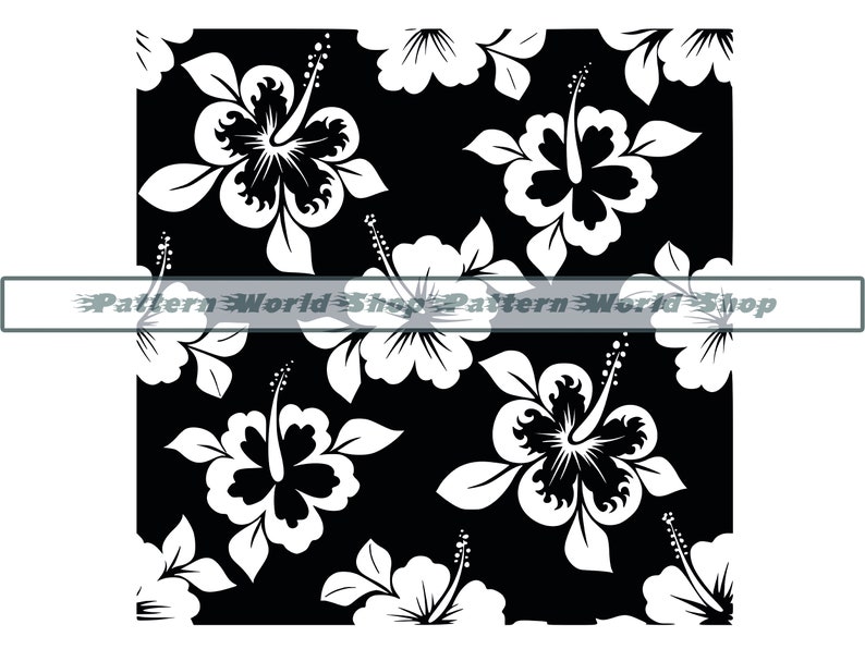 May include: Black and white seamless pattern featuring hibiscus flowers. The flowers are stylized and have a bold, graphic look.