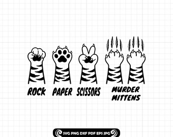 Piedra, papel, tijera, manoplas asesinas, pata de gato SVG: archivo de corte de patas de gato divertidas
