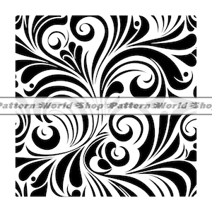 Könnte beinhalten: Schwarz-weißes Blumenmuster mit wirbelnden, stilisierten Blättern und Locken. Das symmetrische Design füllt einen rechteckigen Raum aus. Der Text "Pattern World Shop" wird in einem Banner angezeigt.
