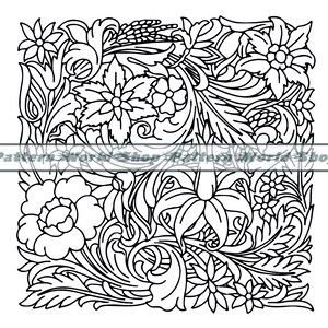 May include: Black and white line art illustration of a floral design with intricate details. The design features various flowers, leaves, and swirls.
