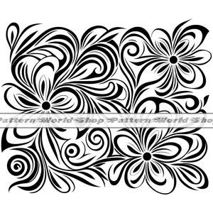 May include: Black and white floral design with intricate swirls and stylised flowers. The design is symmetrical and features a repeating pattern of flowers and leaves.