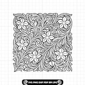 Puede incluir: Diseño floral en blanco y negro con hojas arremolinadas y flores de cinco pétalos. El diseño es cuadrado y simétrico. El texto "SVG PNG DXF PDF EPS JPG" está en la esquina inferior derecha.