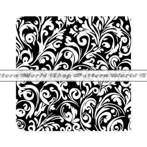 May include: Black and white floral pattern with intricate swirls and leaves. The pattern is seamless and can be used for a variety of purposes, such as fabric, wallpaper, or wrapping paper.