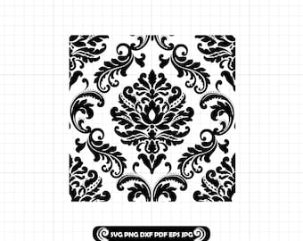 Elegante patrón de damasco n.° 3 SVG, archivo de corte floral barroco vintage PNG, diseño ornamental sin costuras DXF para Cricut, láser y CNC