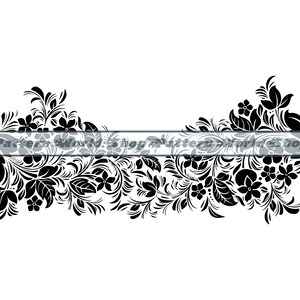 Könnte beinhalten: Schwarz-weißes Blumenmuster mit filigranen Details. Das Design zeigt eine Vielzahl von Blumen, Blättern und Stielen. Das Design ist symmetrisch und hat einen Vintage-Look.