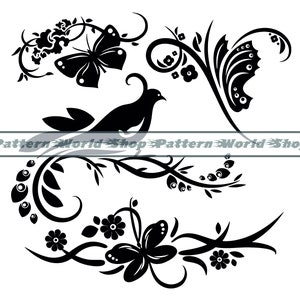 May include: Black and white silhouette of a bird perched on a branch with two butterflies and floral designs. The design is intricate and detailed, with swirling vines and leaves.