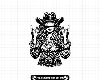 Vaquera estrella de rock occidental SVG PNG DXF, archivo de corte de chica de campo para Cricut y Silhouette