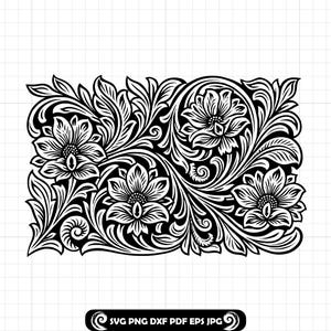 May include: A black and white floral design featuring detailed leaves and flowers. The rectangular design has a symmetrical arrangement of blossoms and foliage. The image includes the text "SVG PNG DXF PDF EPS JPG".