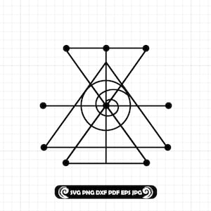 May include: Black geometric design with triangles, circles, and lines on a white grid background. The design includes a central spiral and is surrounded by straight lines and dots. The bottom of the image includes the text "SVG PNG DXF PDF EPS JPG".