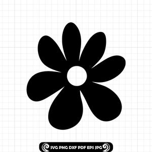 May include: A black flower graphic with six petals and a white center. The image is a vector design, suitable for various applications. The background is a white grid pattern. The bottom of the image includes text: SVG PNG DXF PDF EPS JPG.