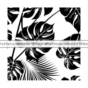 May include: Black and white illustration of tropical leaves, including palm leaves and monstera leaves.