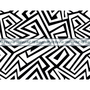 May include: Black and white abstract geometric pattern with a maze-like design. The pattern is made up of repeating shapes and lines.