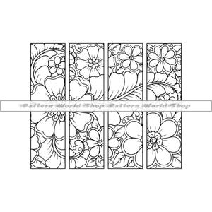 May include: Four black and white printable bookmark designs featuring intricate floral patterns. Each bookmark has a different floral design with a repeating pattern.