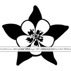 May include: Black and white silhouette of a five-pointed star flower with a white center.