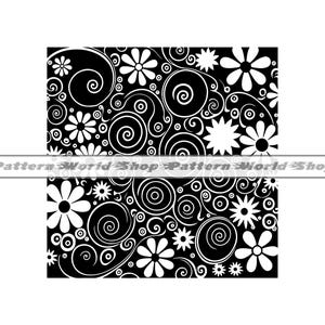 Puede incluir: Patrón sin costuras en blanco y negro con flores blancas estilizadas y remolinos sobre un fondo negro.