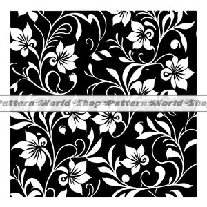May include: Black and white seamless pattern featuring a repeating design of stylised flowers and leaves.