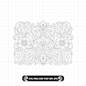 May include: A black and white digital line art illustration featuring a symmetrical floral scrollwork pattern with two central flowers and intricate acanthus leaves. Below the design, a black rectangular label displays the text SVG PNG DXF PDF EPS JPG.