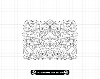 Tooled Leather Floral Scrollwork Pattern SVG PNG DXF: Tooling Western Flower Carving Design #112
