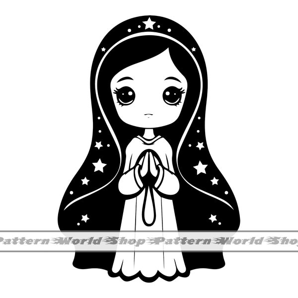 Cute Cartoon Virgin Mary SVG, Virgin of Guadalupe SVG, Chibi Virgin Mary SVG, Clipart, Files For Cricut, Cut Files For Silhouette, Dxf, Png