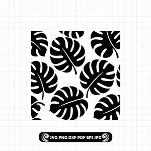 May include: A black and white pattern featuring Monstera leaves, known for their split-leaf design. The image shows a repeating arrangement of the leaves. The text "SVG PNG DXF PDF EPS JPG" is included.