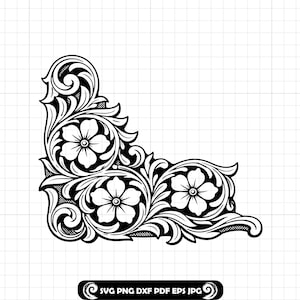 May include: Black and white floral corner design. The design features three flowers with detailed petals, surrounded by swirling leaves and decorative flourishes. The bottom right corner includes the text "SVG PNG DXF PDF EPS JPG".