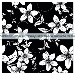 May include: Black and white seamless pattern featuring stylised white flowers with intricate details on a black background. The pattern is perfect for fabric, wallpaper, or digital design projects.