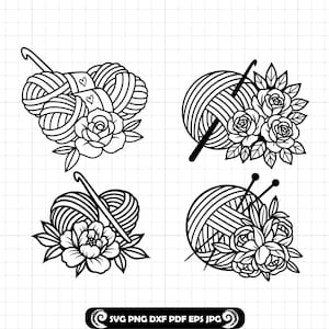 May include: Black and white line art of four crochet-themed designs. Each design features yarn balls, crochet hooks, and floral elements like roses and leaves. The designs are suitable for crafting projects.
