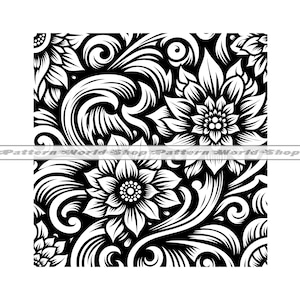 May include: Black and white floral pattern featuring intricate swirls and stylised flowers. The pattern is seamless and can be used for a variety of design projects.