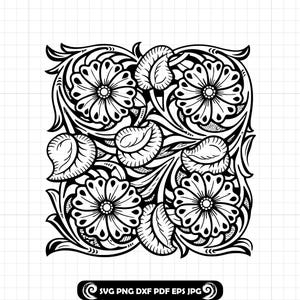 Può includere: Motivo floreale simmetrico in bianco e nero con quattro grandi fiori, foglie e volute. Il design quadrato è adatto a vari progetti artigianali. Il testo "SVG PNG DXF PDF EPS JPG" è in basso a destra.