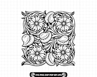 Cuero repujado SVG PNG DXF, Patrón de cuero repujado, Diseño floral tallado con flores del oeste, Envoltura para vaso, Archivo de corte Cricut Silhouette n.° 54