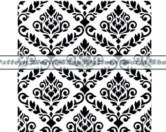 May include: Black and white damask pattern with a repeating floral design. The pattern is seamless and can be used for a variety of projects, such as wallpaper, fabric, or wrapping paper.