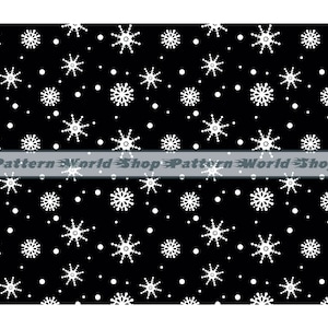 May include: Black and white snowflake pattern. The design features white snowflakes of varying sizes and white dots scattered across a black background. The text "Pattern World Shop" is displayed across the image.