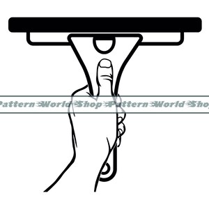 May include: A black squeegee with a handle held by a hand. The squeegee is used for cleaning windows and other surfaces.