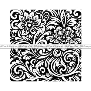Könnte beinhalten: Schwarz-weißes Blumenmuster mit sich windenden Blättern und zwei großen Blüten. Das Design hat ein symmetrisches Layout mit dem Text "Pattern World Shop" in der Mitte.